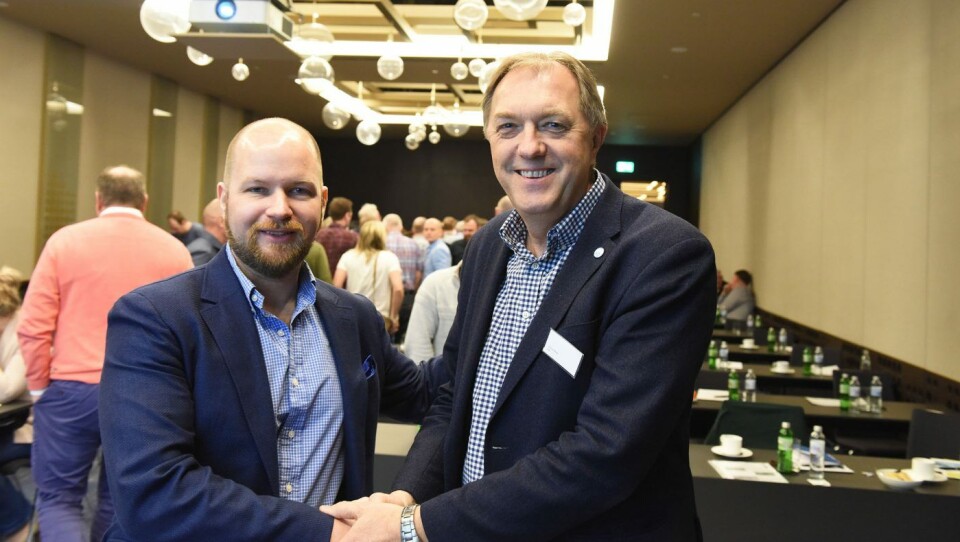 Georg Husebæk i Din Baker (t.v.) og Gunnar Bakke i BKLF presenterte nytt felles fagnettverk under Din Bakers konferanse i Ljubljana.