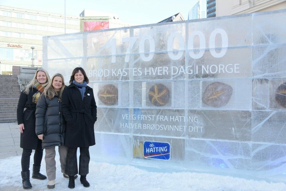 Har bygget isvegg på Oslo S. F.v. Elin Renbjør (Markedssjef, Lantmännen Unibake Norway) Aina Hagen (Markeds- og innovasjonsdirektør, Lantmännen Unibake Norway) og Anne Marie Schrøder (Kommunikasjonssjef, Matvett)