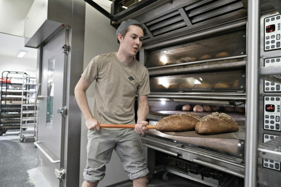 Baker i Kolonihagen Bakeri, Marius Lysø tar ut ferdigstekt hirsebrød av ovnen.