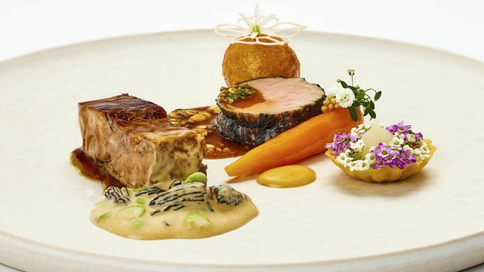 A CELEBRATION OF THE FIRST SIGNS OF NORWEGIAN SPRING PRODUCE. TO GROW A GARDEN IS TO BELIEVE IN TOMORROW:Braised neck of veal, filet with Norwegian 5 spice, crispy onion tartelette and fresh herbs, «gulløye» potato and salsify with butter aromatics and mushroom cream with peas and morelsog veal juice.