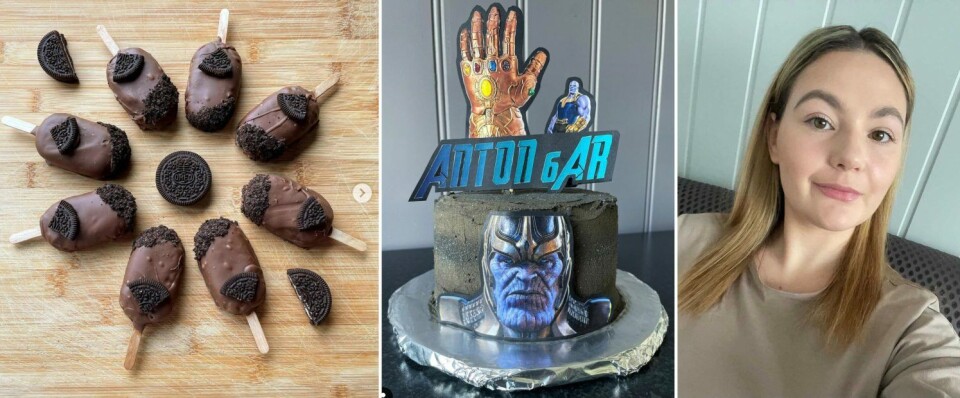 – Jeg elsker å lage dem. Du kan være ekstra kreativ, og ikke minst smaker de fantastisk, sier Leah Bystrøm om cakesicklene sine. Hun har også bakt Thanos-fødselsdagskake fylt med melkesjokolade og friske, norske jordbær. – Jeg elsker å lage dem. Du kan være ekstra kreativ, og ikke minst smaker de fantastisk, sier Leah Bystrøm om cakesicklene sine. Hun har også bakt Thanos-fødselsdagskake fylt med melkesjokolade og friske, norske jordbær.