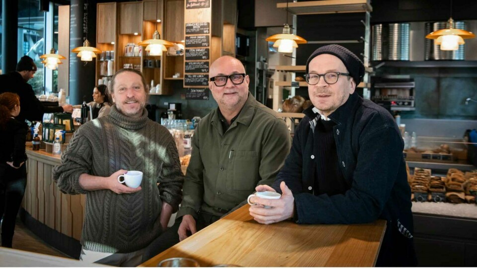 Emmanuel Rang (f.v.), Eirik Sevaldsen og Øyvind Lofthus åpner en ny gigantrestaurant i Bjørvika i Oslo neste sommer.