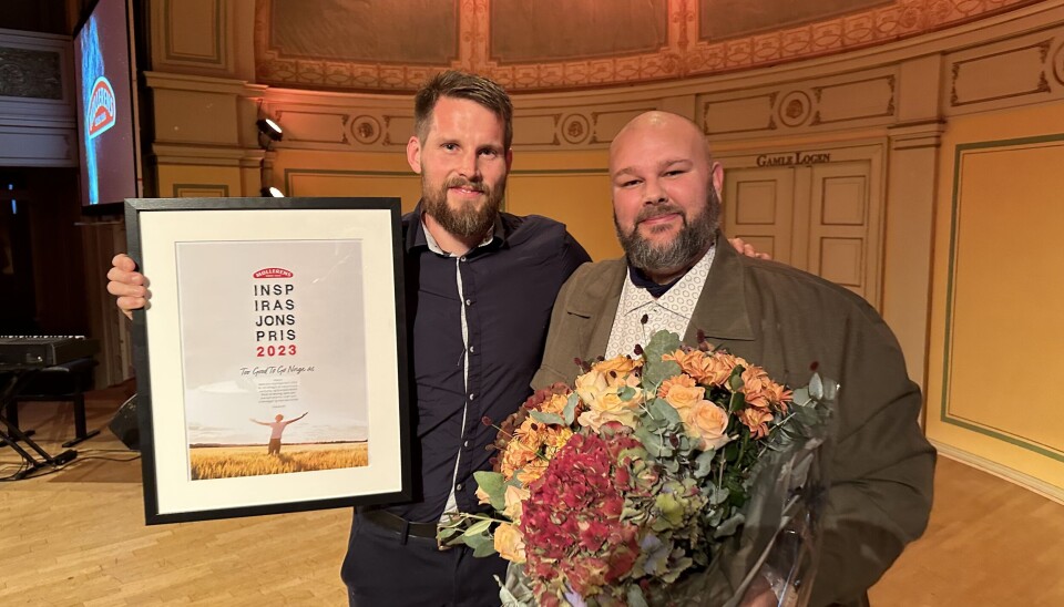 Too Good To Go Norge AS er vinnere av Møllerens Inspirasjonspris 2023. Johan Ingemarsson og Kjetil Skogen tok i mot prisen under festmiddagen etter Møllerens Inspirasjonsdag.