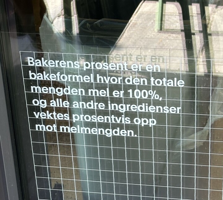 Bakerens prosent forklares i butikkvinduet hos Kveitemjøl. Butikkvindu med tekst om bakerens prosent.