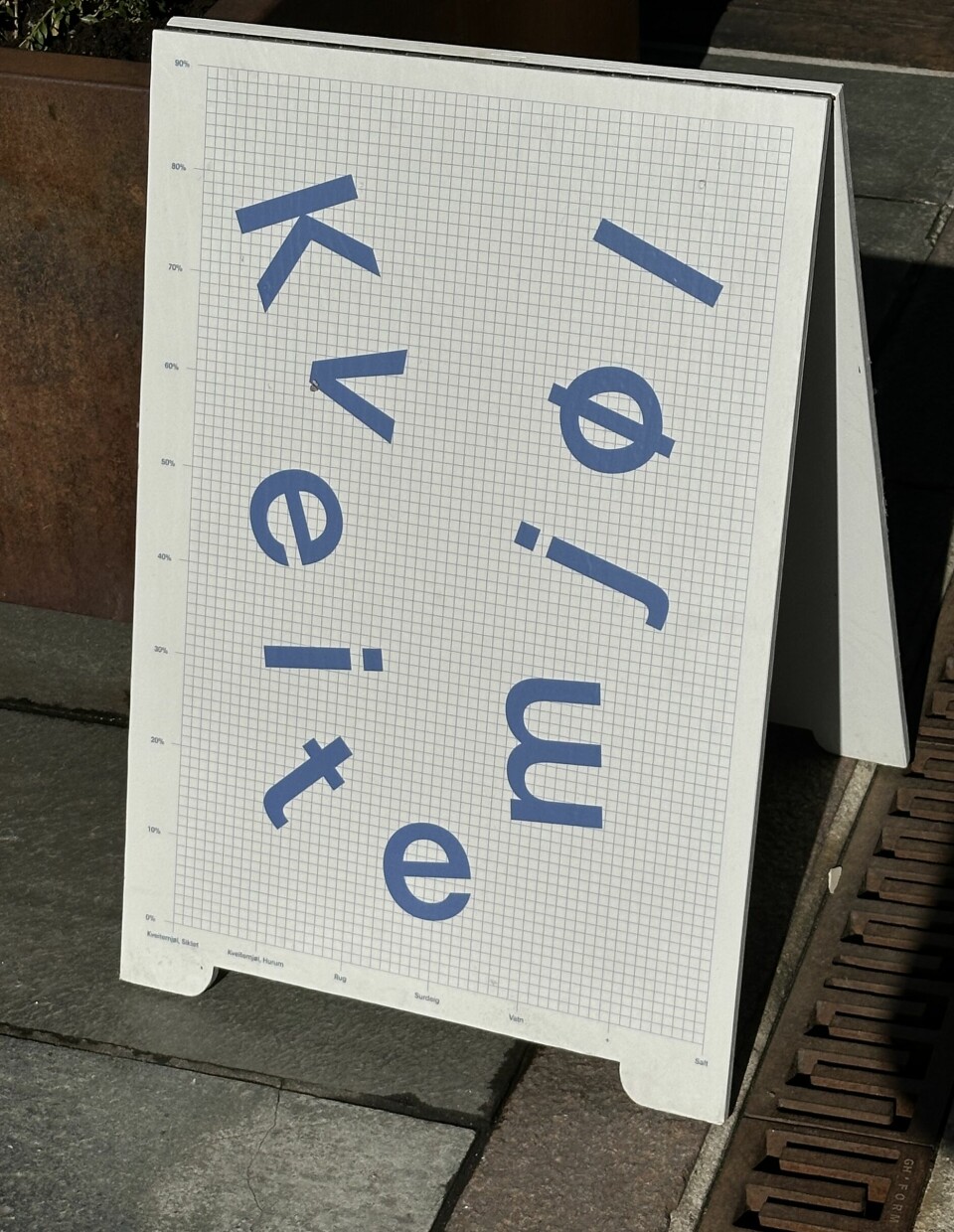 Hvit gatebukk med teksten Kveitemjøl i lys blå bokstaver.
