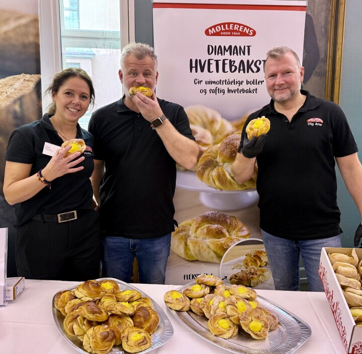 Vibeke Kvamme, Thomas Angel og Stig Arne Ekker fra Norgesmøllene presenterte nyhetene Diamant hvetebakst og Diamant fylling på Din Bakers butikksamling onsdag 30. oktober.