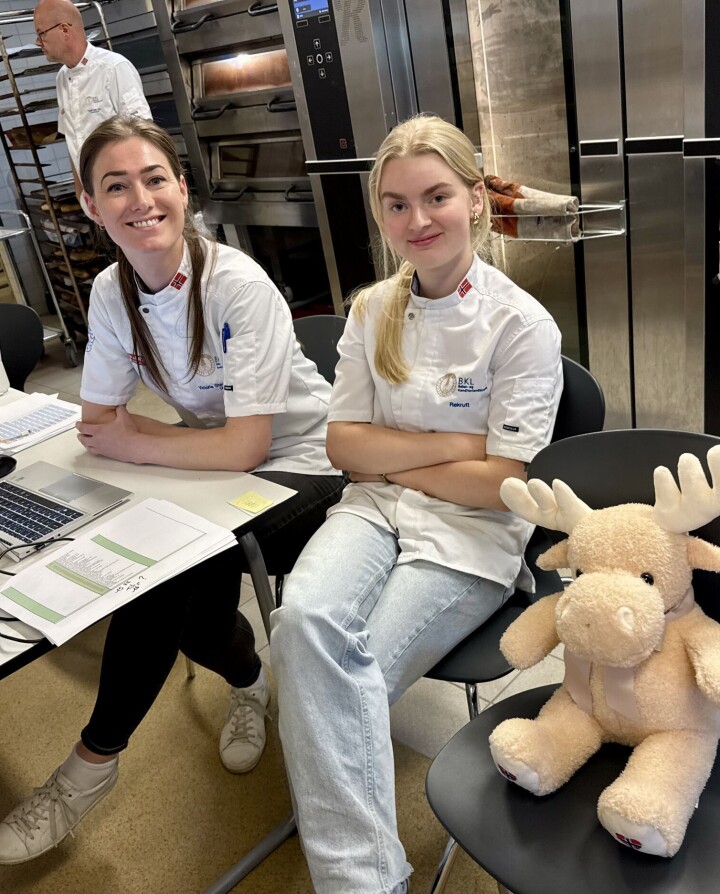 Andrea Sandanger Avaldnes (t.h.) og Victoria Støtvig Dobbinga er begge med som assistenter. Elgen Enkelt er Bakerlandslagets maskot. Han er oppkalt etter noe som lagets trener, Remy Corbet, ofte pleier å si: Det er enkelt! Andrea Sandanger Avaldnes (rekrutt på Konditorlandslaget) og Victoria Støtvig Dobbinga (utøver på Konditorlandslaget) er begge med som assistenter.