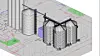 3D-illustrasjon av flere industrielle silo- og tanklignende bygg på en teknisk anleggstomt.